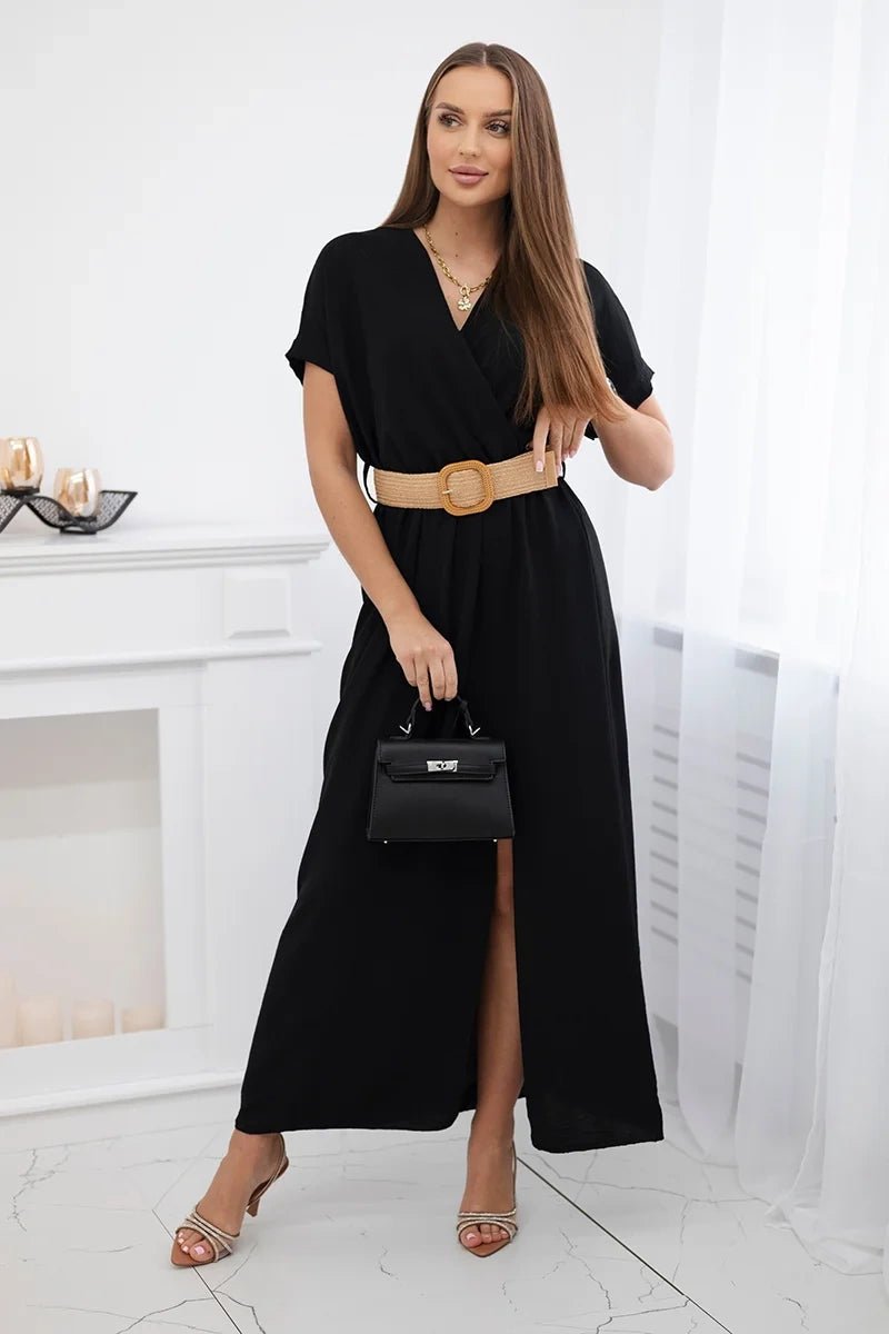 Long dress with a decorative belt 6012F / – Black цвет / color | Lexline Fashion