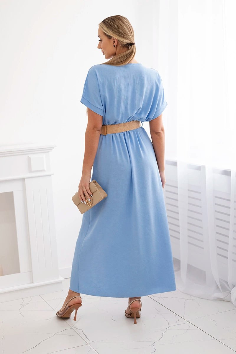 Long dress with a decorative belt 6012F / – Blue цвет / color | Lexline Fashion