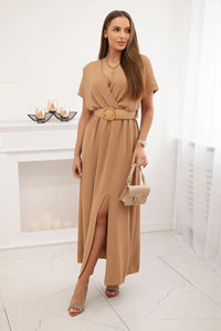 Long dress with a decorative belt 6012F / – Camel цвет / color | Lexline Fashion