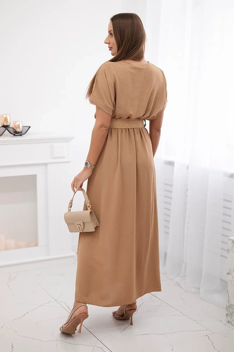Long dress with a decorative belt 6012F / – Camel цвет / color | Lexline Fashion
