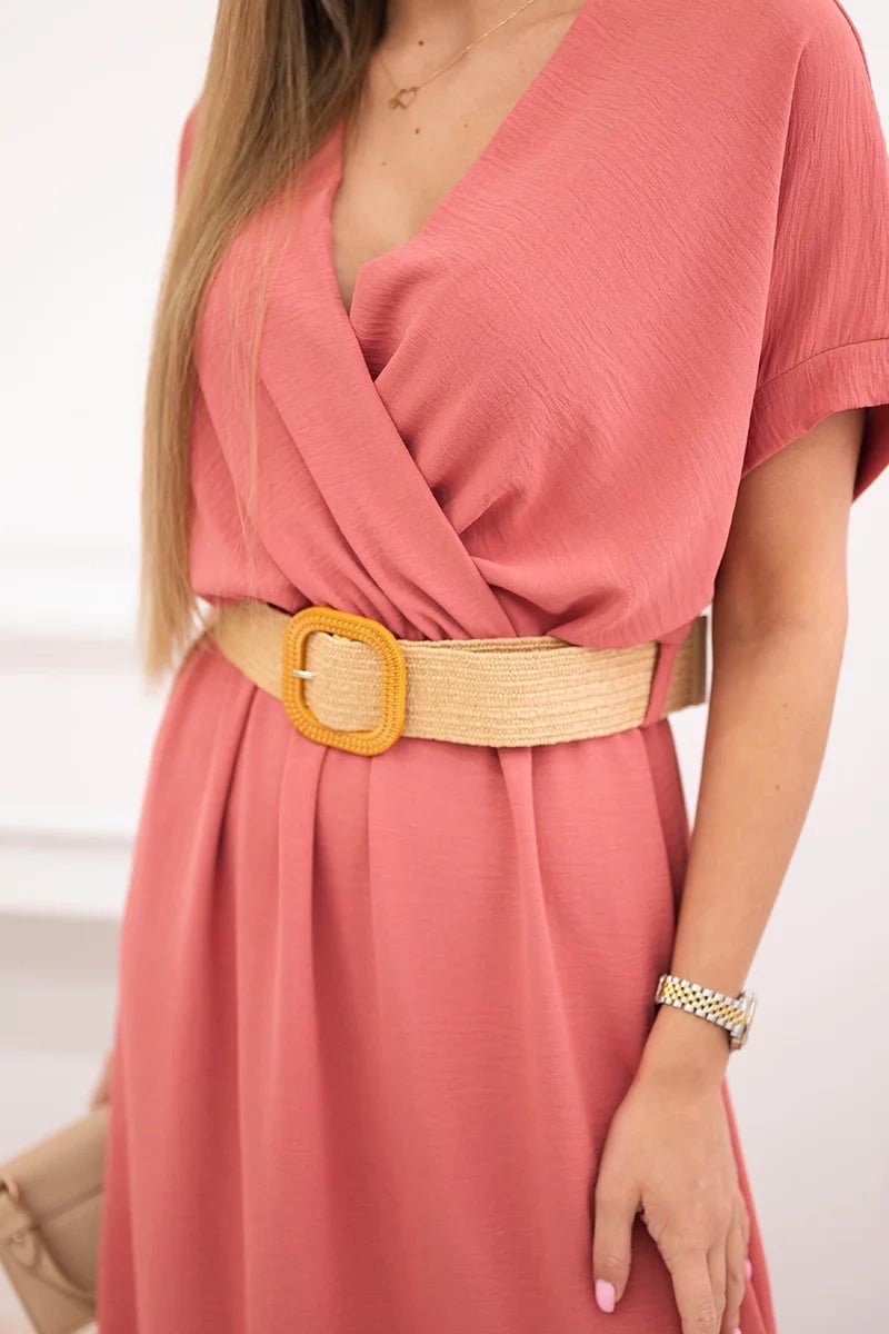Long dress with a decorative belt 6012F / – Coral цвет / color | Lexline Fashion