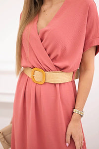 Long dress with a decorative belt 6012F / – Coral цвет / color | Lexline Fashion