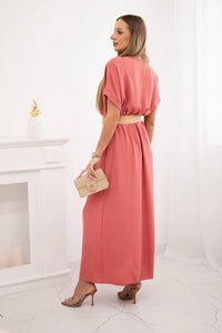 Long dress with a decorative belt 6012F / – Coral цвет / color | Lexline Fashion
