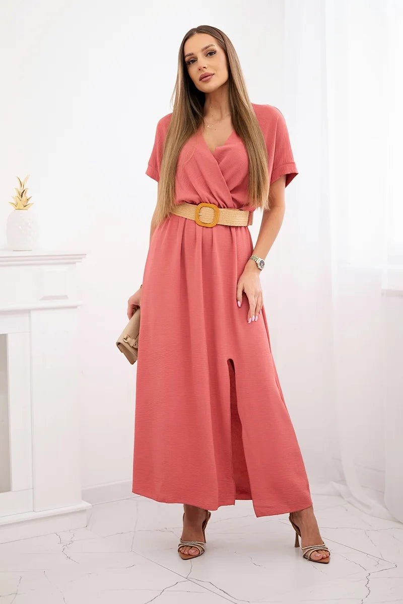 Long dress with a decorative belt 6012F / – Coral цвет / color | Lexline Fashion