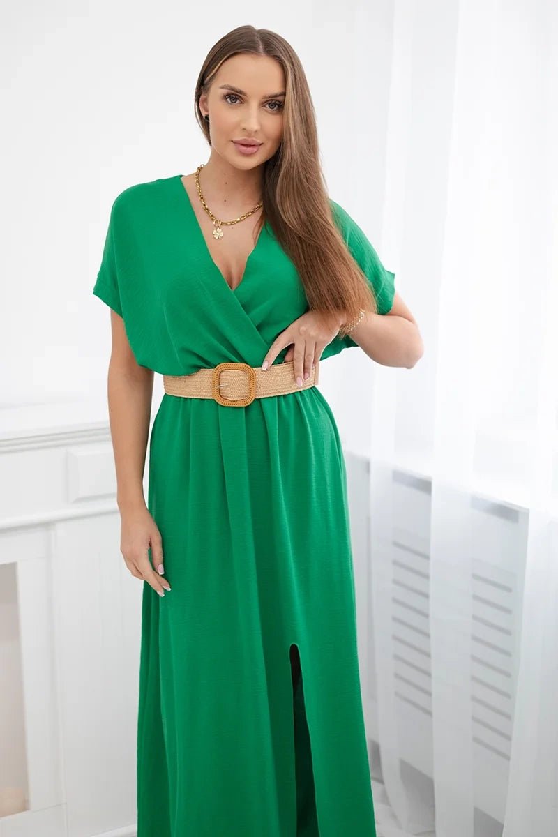 Long dress with a decorative belt 6012F / – Green цвет / color | Lexline Fashion