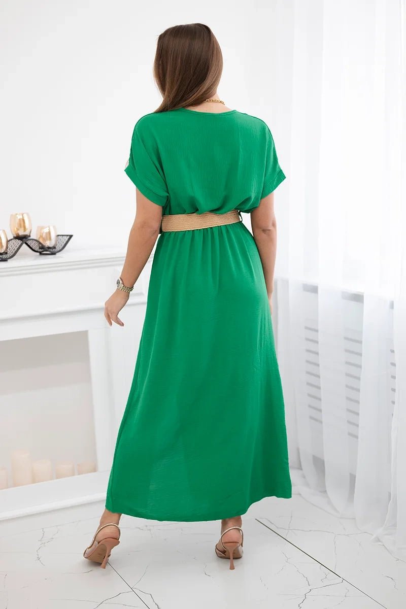 Long dress with a decorative belt 6012F / – Green цвет / color | Lexline Fashion