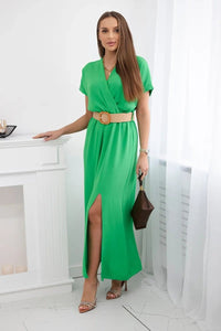 Long dress with a decorative belt 6012F / – Green || Light цвет / color | Lexline Fashion