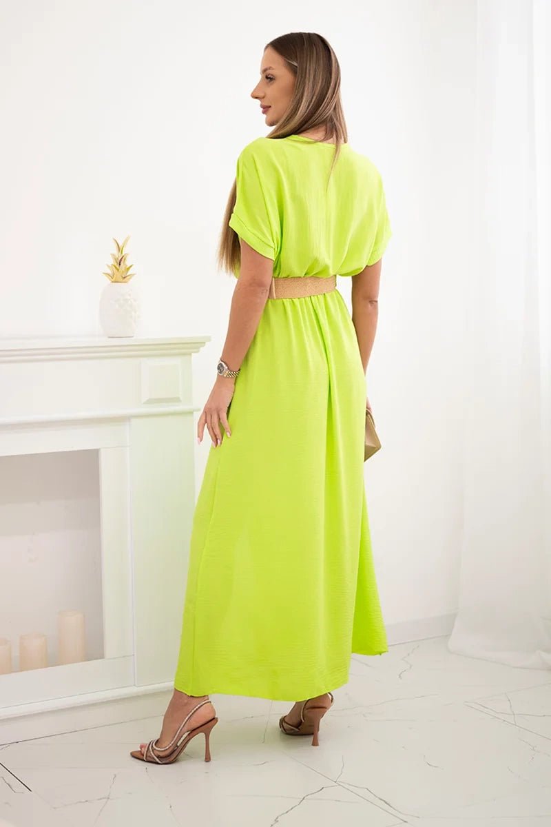 Long dress with a decorative belt 6012F / – Green || Neon цвет / color | Lexline Fashion