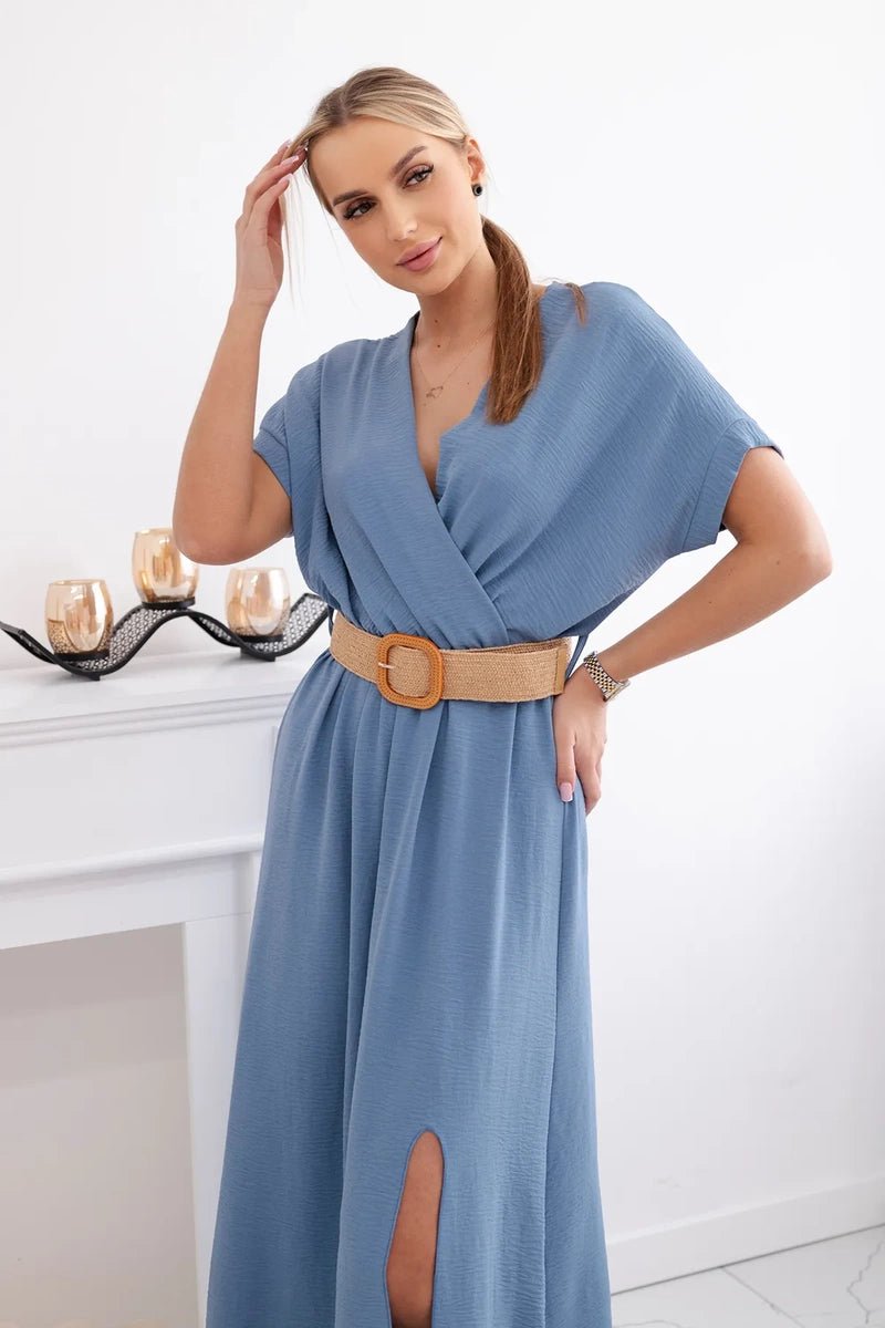 Long dress with a decorative belt 6012F / – Jeans цвет / color | Lexline Fashion