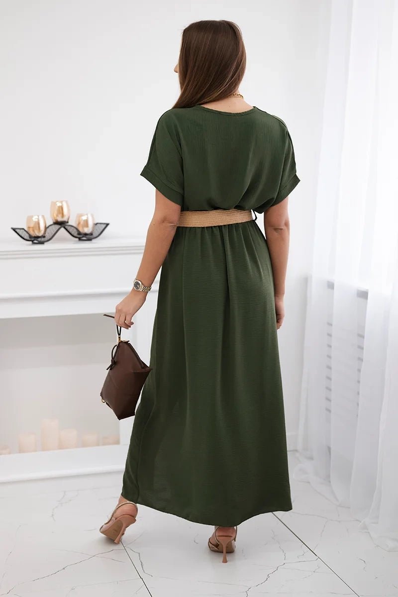 Long dress with a decorative belt 6012F / – Khaki цвет / color | Lexline Fashion