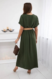 Long dress with a decorative belt 6012F / – Khaki цвет / color | Lexline Fashion