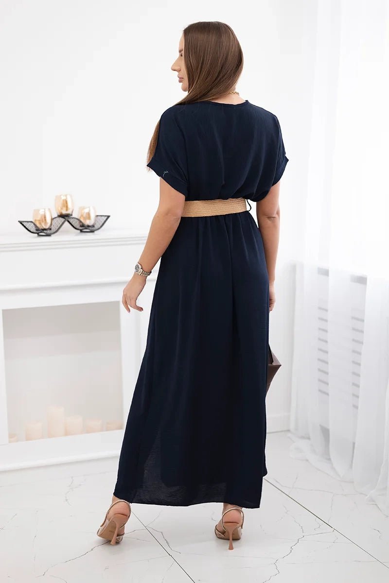 Long dress with a decorative belt 6012F / – Navy blue цвет / color | Lexline Fashion