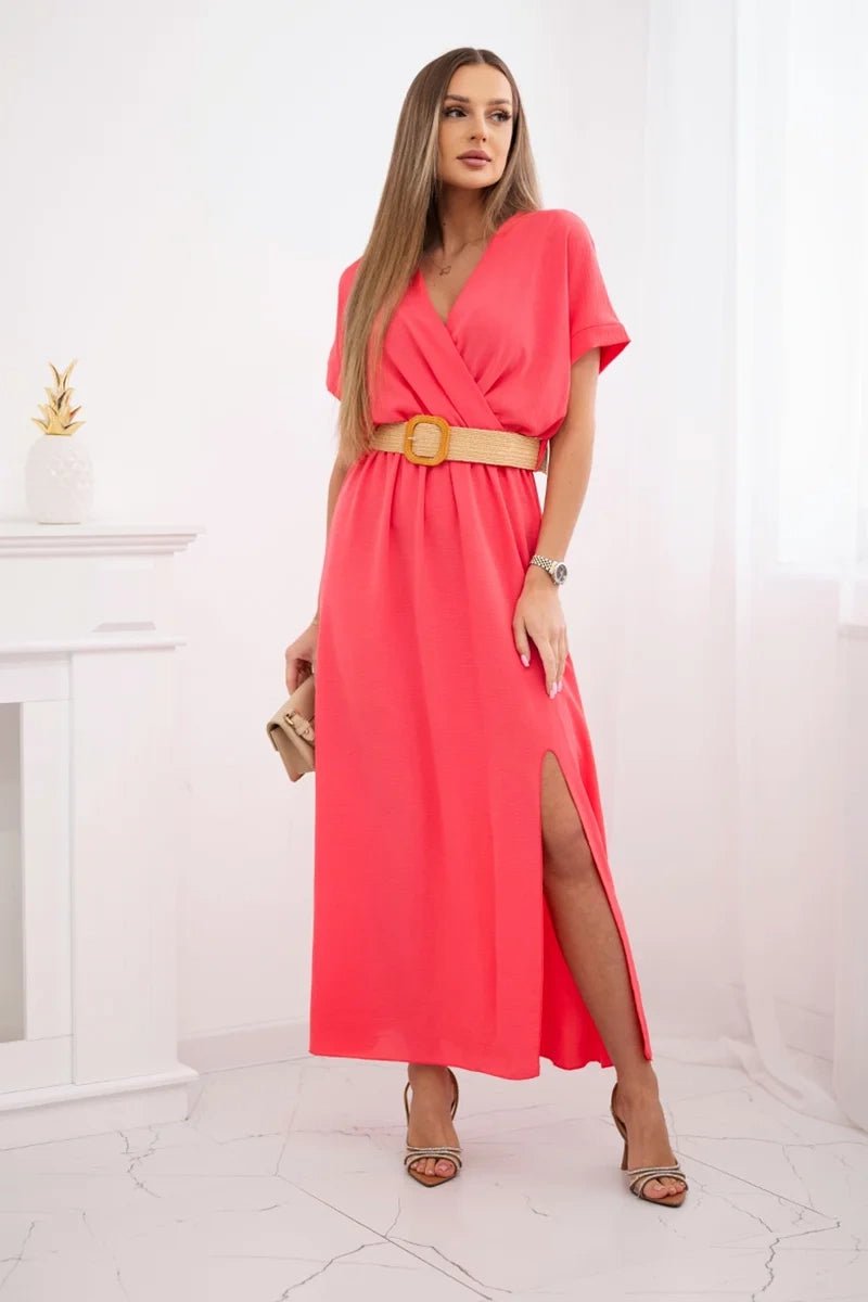 Long dress with a decorative belt 6012F / – Neon pink цвет / color | Lexline Fashion
