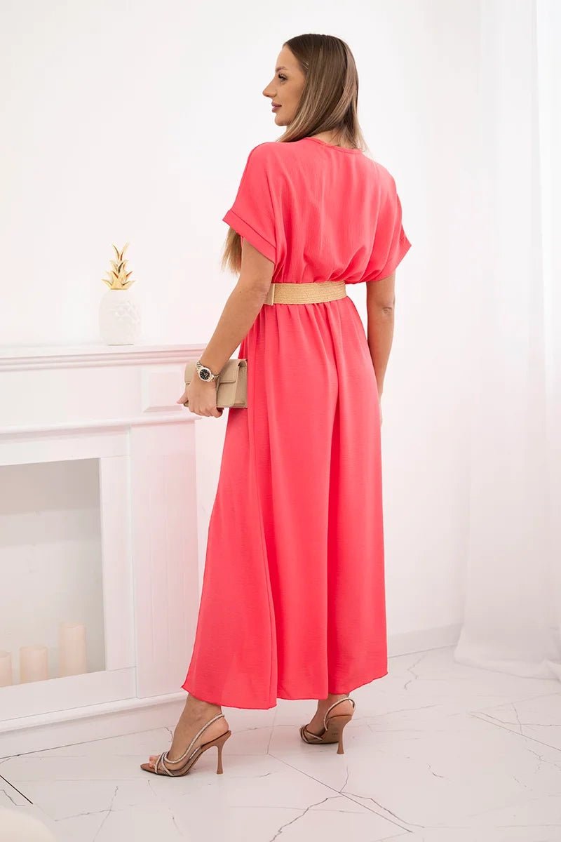 Long dress with a decorative belt 6012F / – Neon pink цвет / color | Lexline Fashion