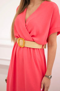 Long dress with a decorative belt 6012F / – Neon pink цвет / color | Lexline Fashion