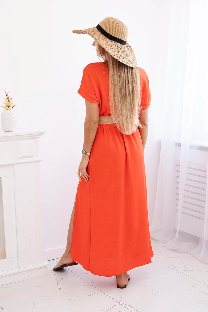 Long dress with a decorative belt 6012F / – Orange || Dark цвет / color | Lexline Fashion
