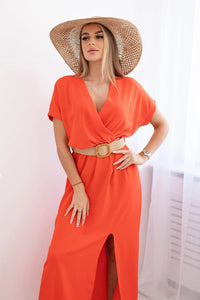 Long dress with a decorative belt 6012F / – Orange || Dark цвет / color | Lexline Fashion