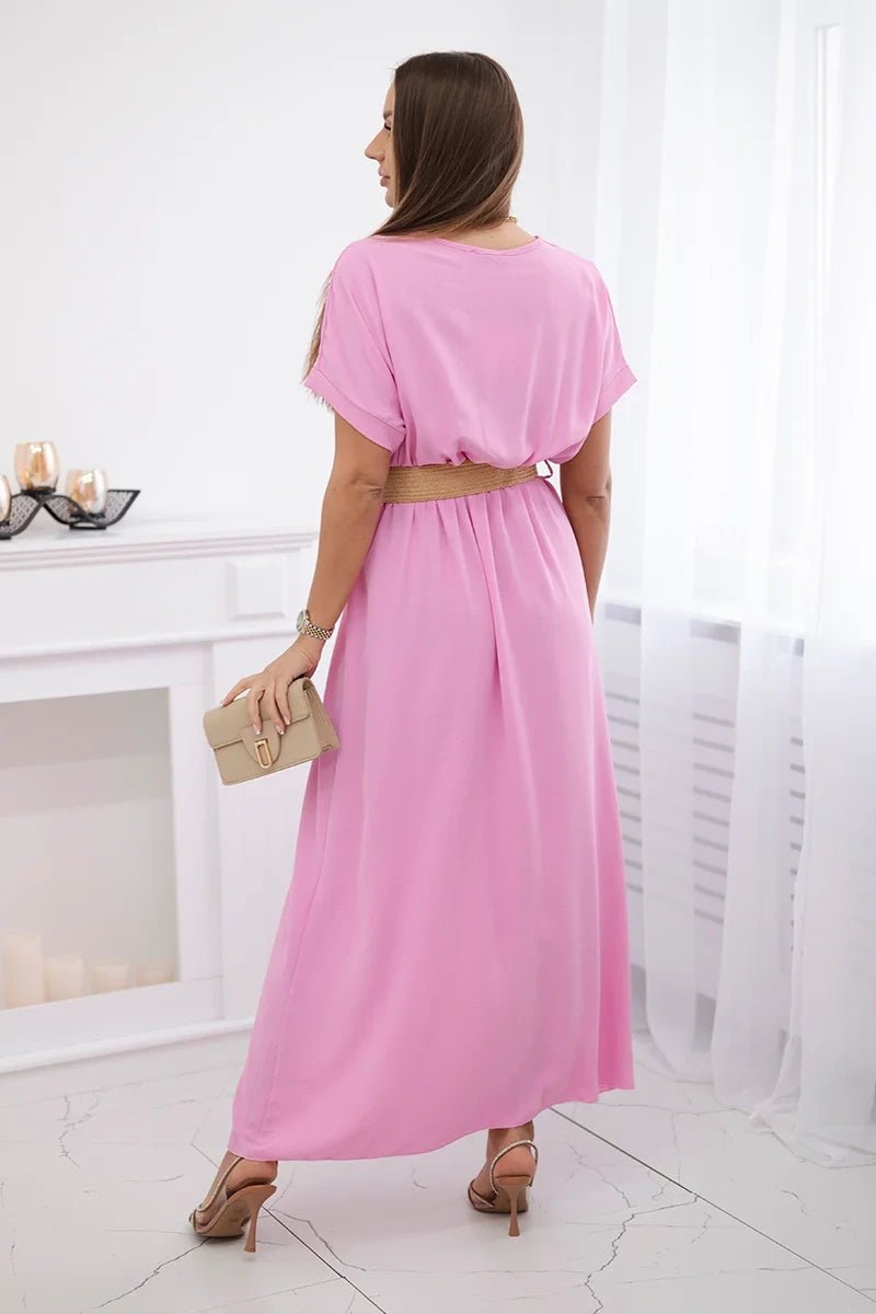 Long dress with a decorative belt 6012F / – Pink || Light цвет / color | Lexline Fashion