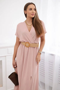 Long dress with a decorative belt 6012F / – Powder цвет / color | Lexline Fashion