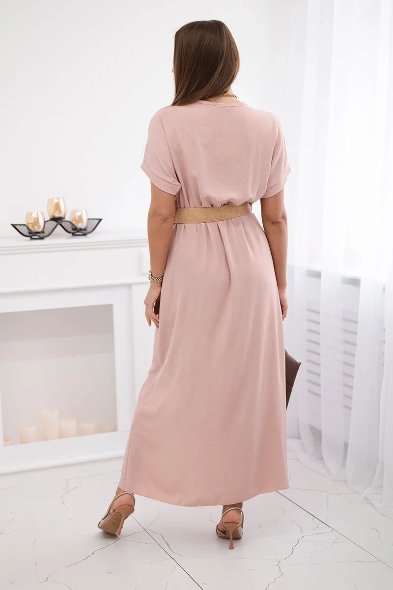 Long dress with a decorative belt 6012F / – Powder цвет / color | Lexline Fashion