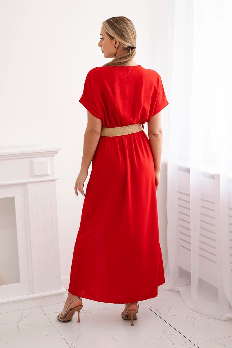Long dress with a decorative belt 6012F / – Red цвет / color | Lexline Fashion