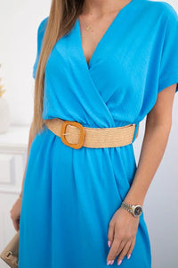 Long dress with a decorative belt 6012F / – Turquoise цвет / color | Lexline Fashion