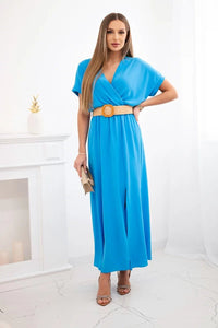 Long dress with a decorative belt 6012F / – Turquoise цвет / color | Lexline Fashion