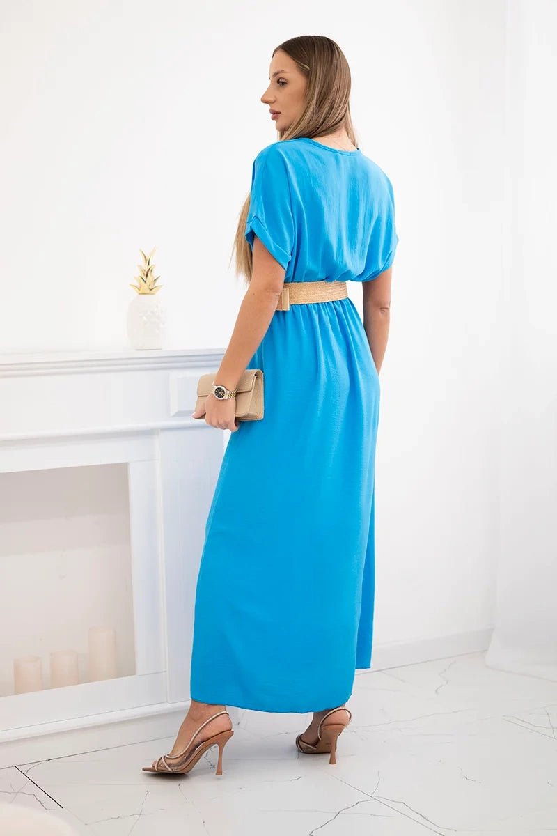 Long dress with a decorative belt 6012F / – Turquoise цвет / color | Lexline Fashion