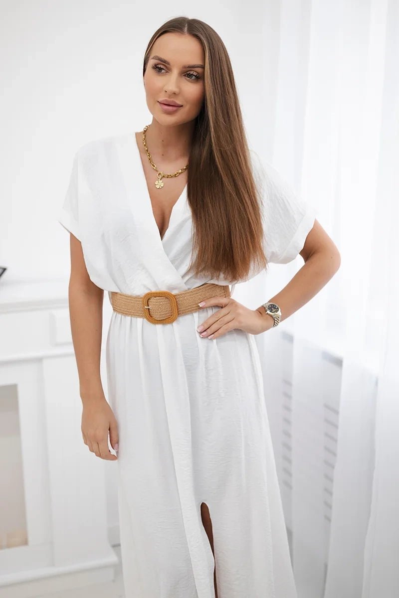 Long dress with a decorative belt 6012F / – White цвет / color | Lexline Fashion