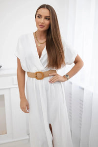 Long dress with a decorative belt 6012F / – White цвет / color | Lexline Fashion