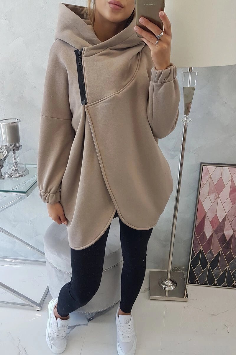 Long hoodie with zipper 9110 / – Dark || beige цвет / color | Lexline Fashion