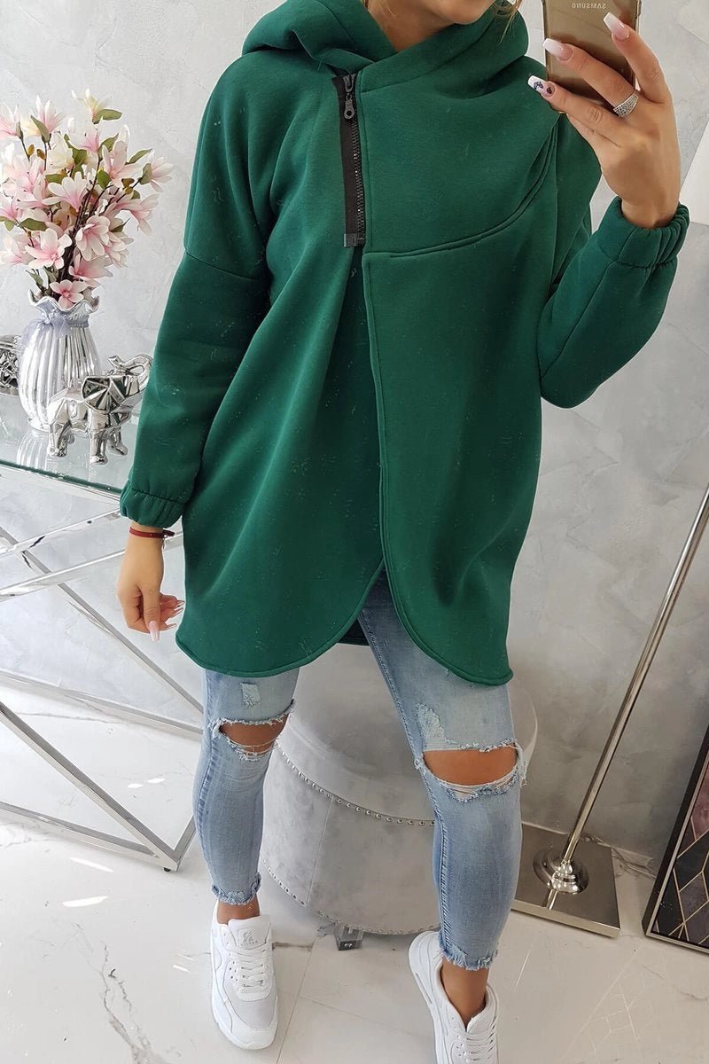 Long hoodie with zipper 9110 / – Green || Dark цвет / color | Lexline Fashion