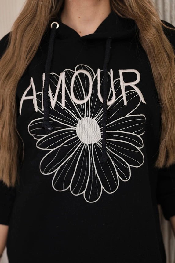 Long insulated hoodie with embroidery 9585 / – Black цвет / color | Lexline Fashion