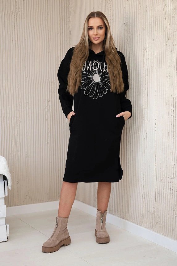 Long insulated hoodie with embroidery 9585 / – Black цвет / color | Lexline Fashion
