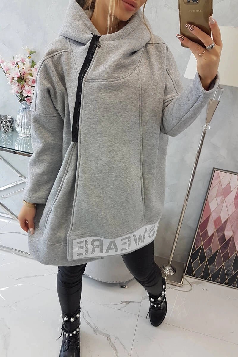 Long insulated hoodie with zipper 9305 / – Gray цвет / color | Lexline Fashion