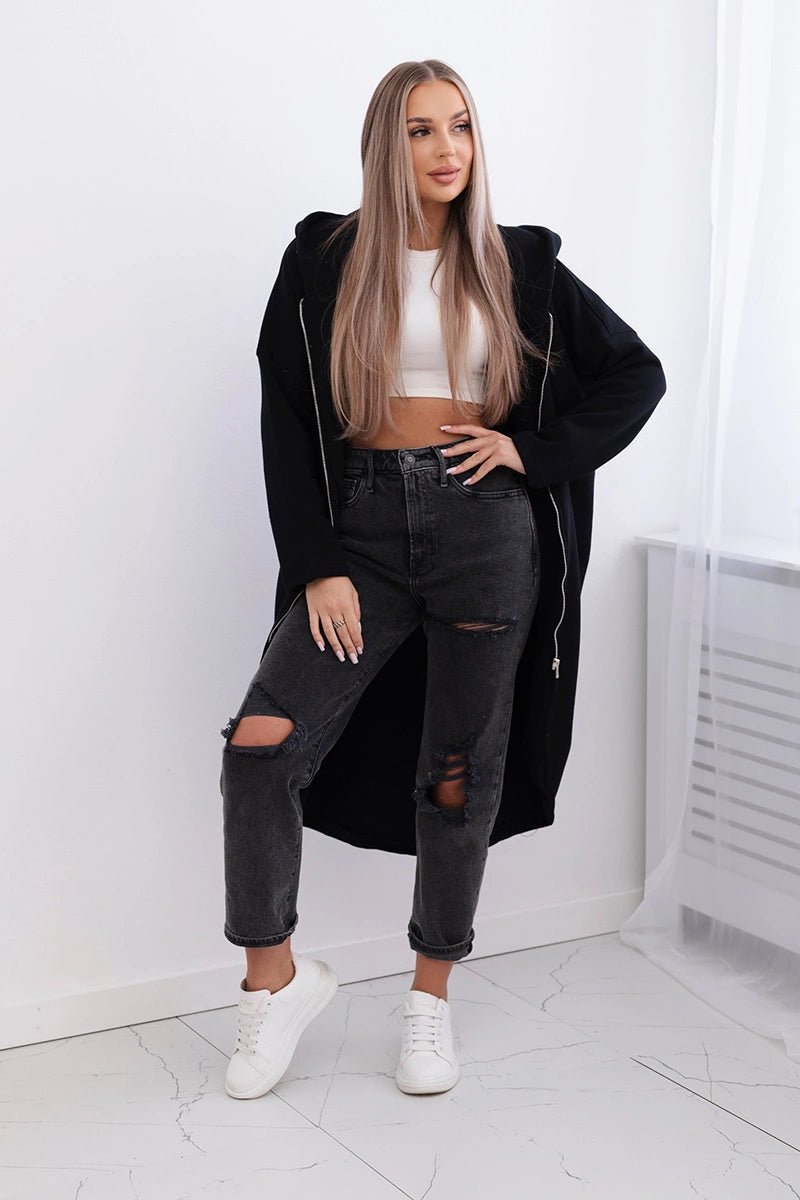 Long insulated hoodie with zipper 9313 / – Black цвет / color | Lexline Fashion