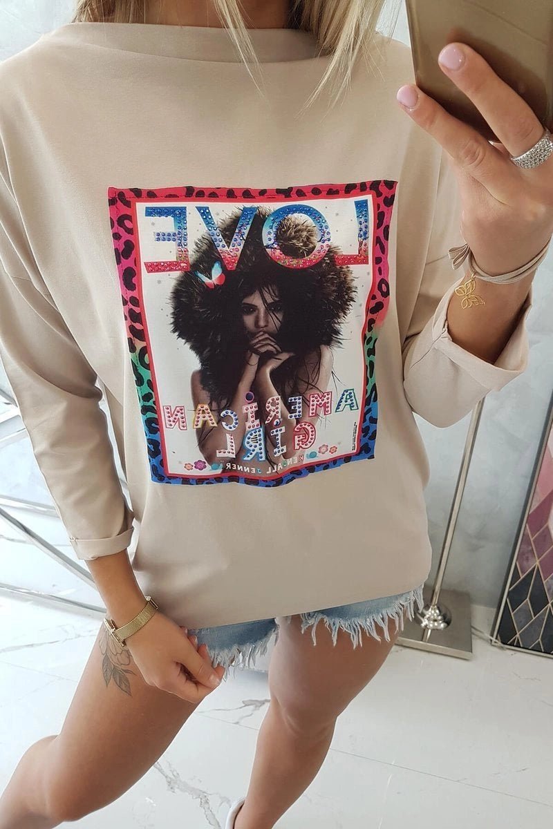 Long sleeve T-Shirt with a print 0086 / – Beige цвет / color | Lexline Fashion