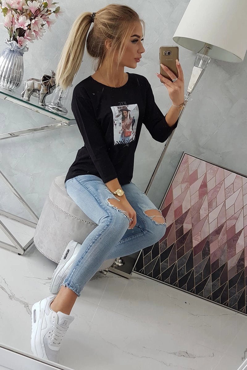 Long sleeve T-Shirt with a print 66786 / – Black цвет / color | Lexline Fashion