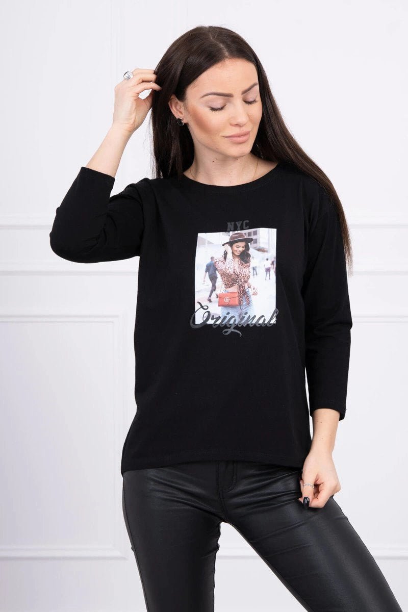 Long sleeve T-Shirt with a print 66786 / – Black цвет / color | Lexline Fashion