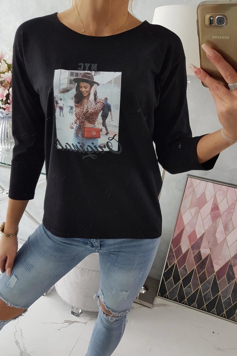 Long sleeve T-Shirt with a print 66786 / – Black цвет / color | Lexline Fashion