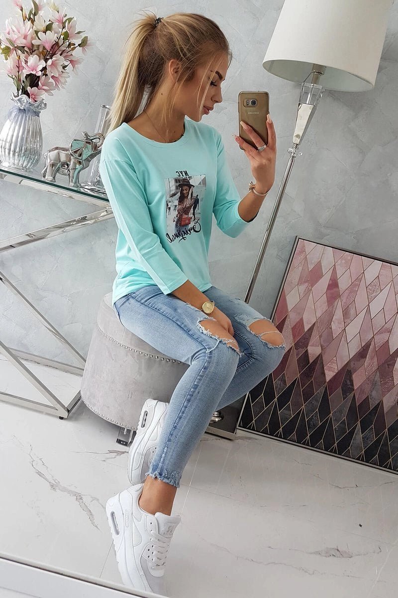 Long sleeve T-Shirt with a print 66786 / – Mint цвет / color | Lexline Fashion