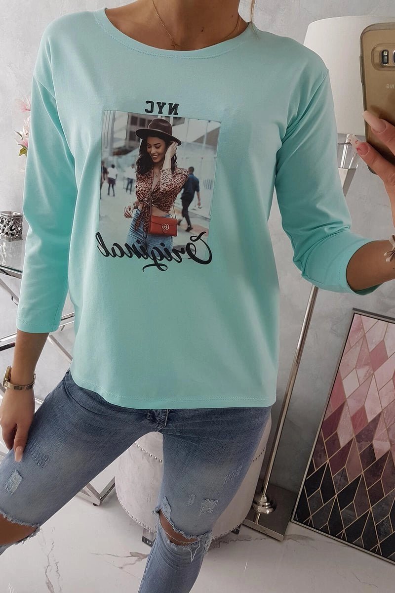 Long sleeve T-Shirt with a print 66786 / – Mint цвет / color | Lexline Fashion