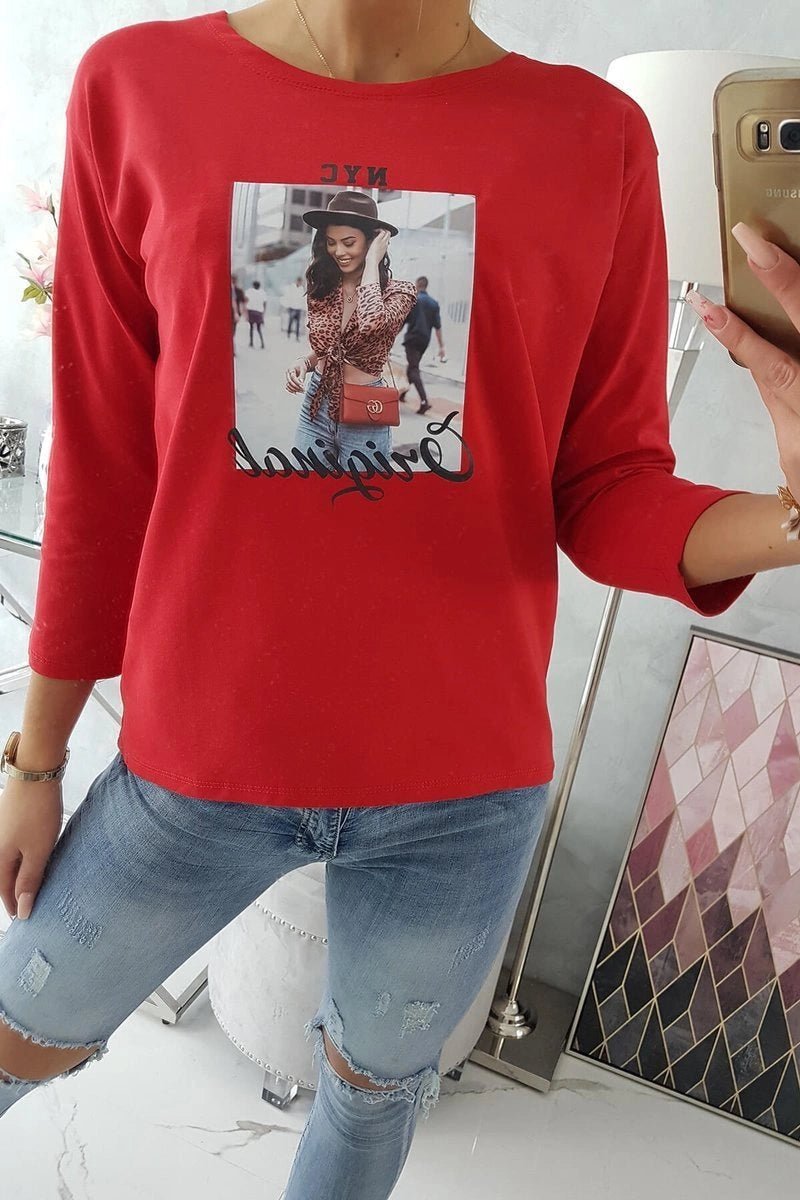 Long sleeve T-Shirt with a print 66786 / – Red цвет / color | Lexline Fashion