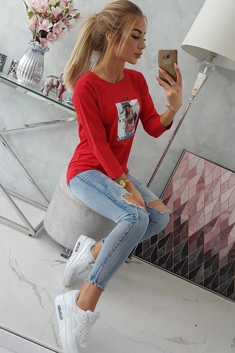 Long sleeve T-Shirt with a print 66786 / – Red цвет / color | Lexline Fashion