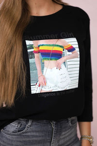 Long sleeve T-Shirt with a print 66787 / – Black цвет / color | Lexline Fashion
