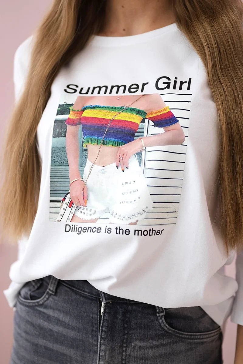 Long sleeve T-Shirt with a print 66787 / – White цвет / color | Lexline Fashion