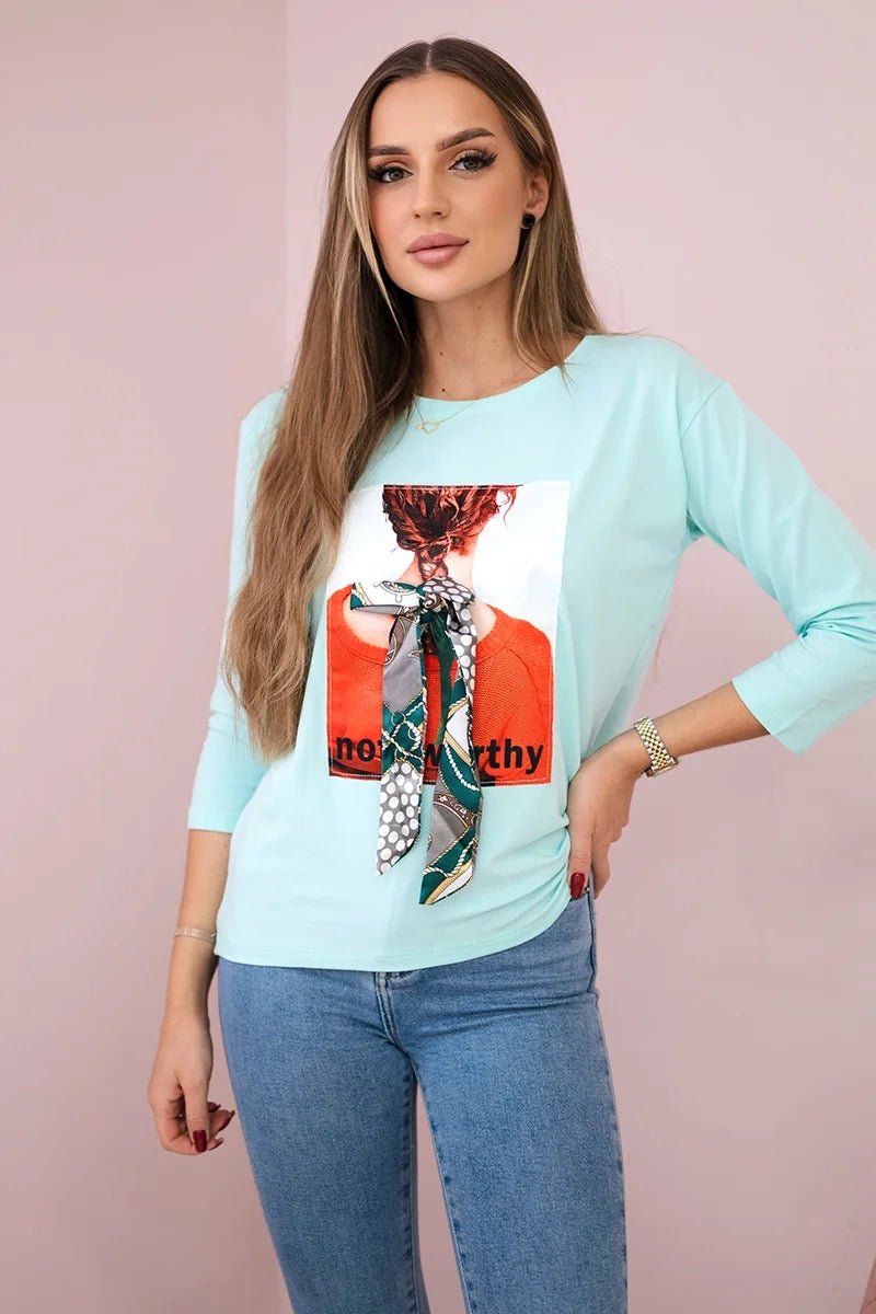 Long sleeve T-Shirt with a print 66791 / – Mint цвет / color | Lexline Fashion