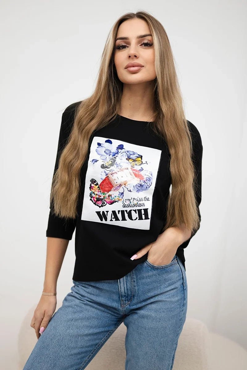 Long sleeve T-Shirt with a print 66795 / – Black цвет / color | Lexline Fashion