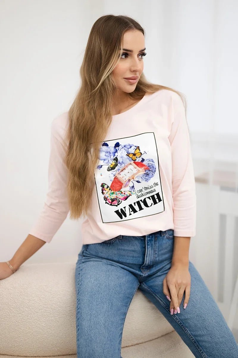 Long sleeve T-Shirt with a print 66795 / – Powder цвет / color | Lexline Fashion