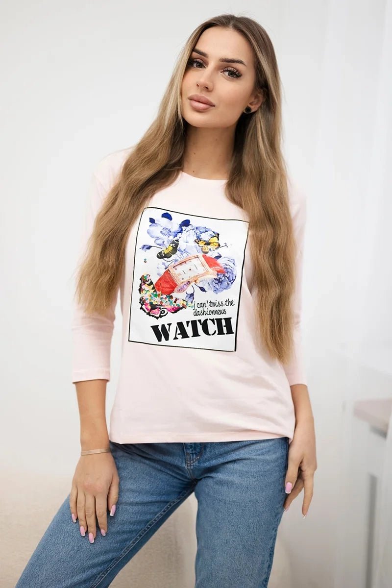 Long sleeve T-Shirt with a print 66795 / – Powder цвет / color | Lexline Fashion